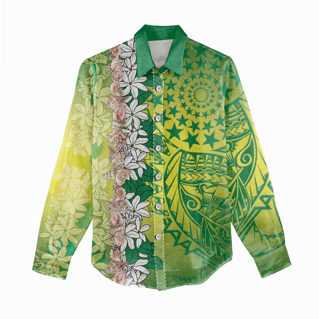 Cook Islands Tiare Maori With Conch Shell Women Casual Shirt Pasifika Fest Polynesian Tattoo Green