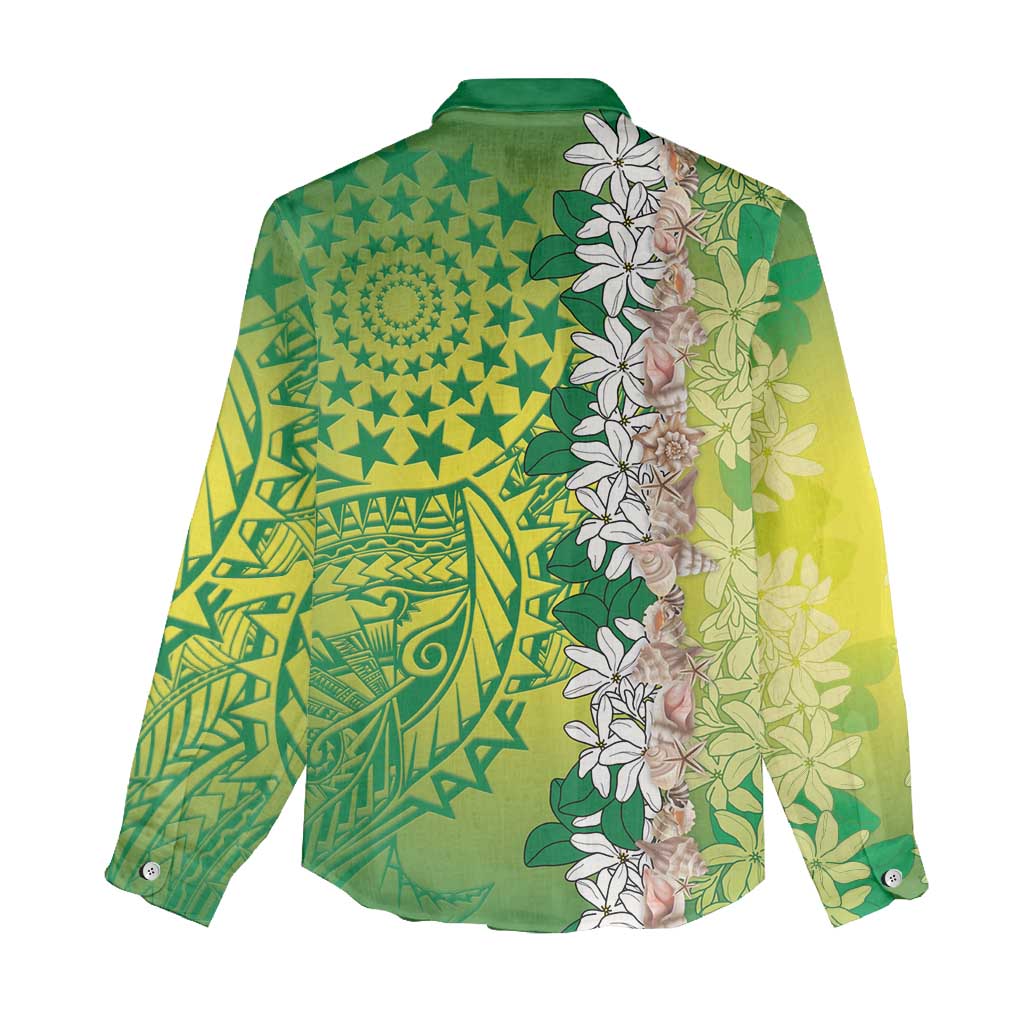 Cook Islands Tiare Maori With Conch Shell Women Casual Shirt Pasifika Fest Polynesian Tattoo Green