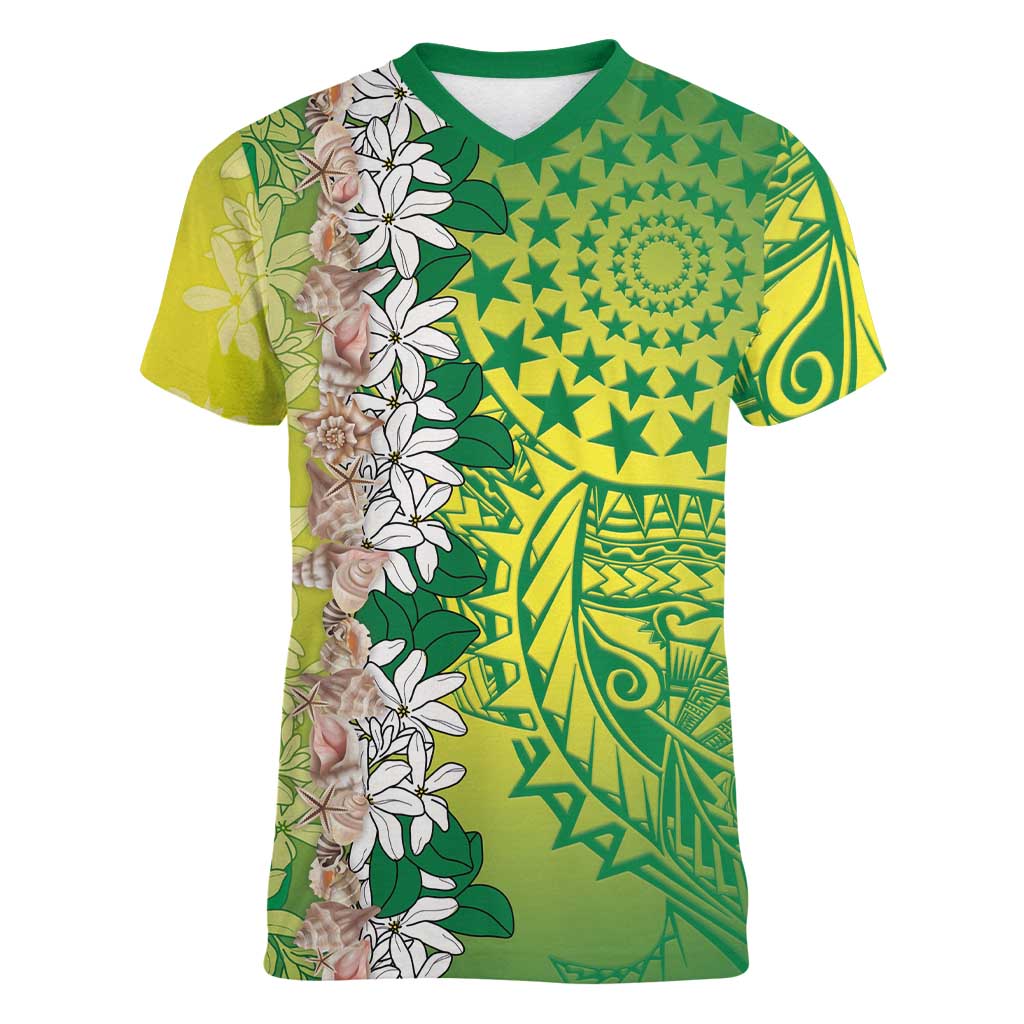 Cook Islands Tiare Maori With Conch Shell Women V-Neck T-Shirt Pasifika Fest Polynesian Tattoo Green