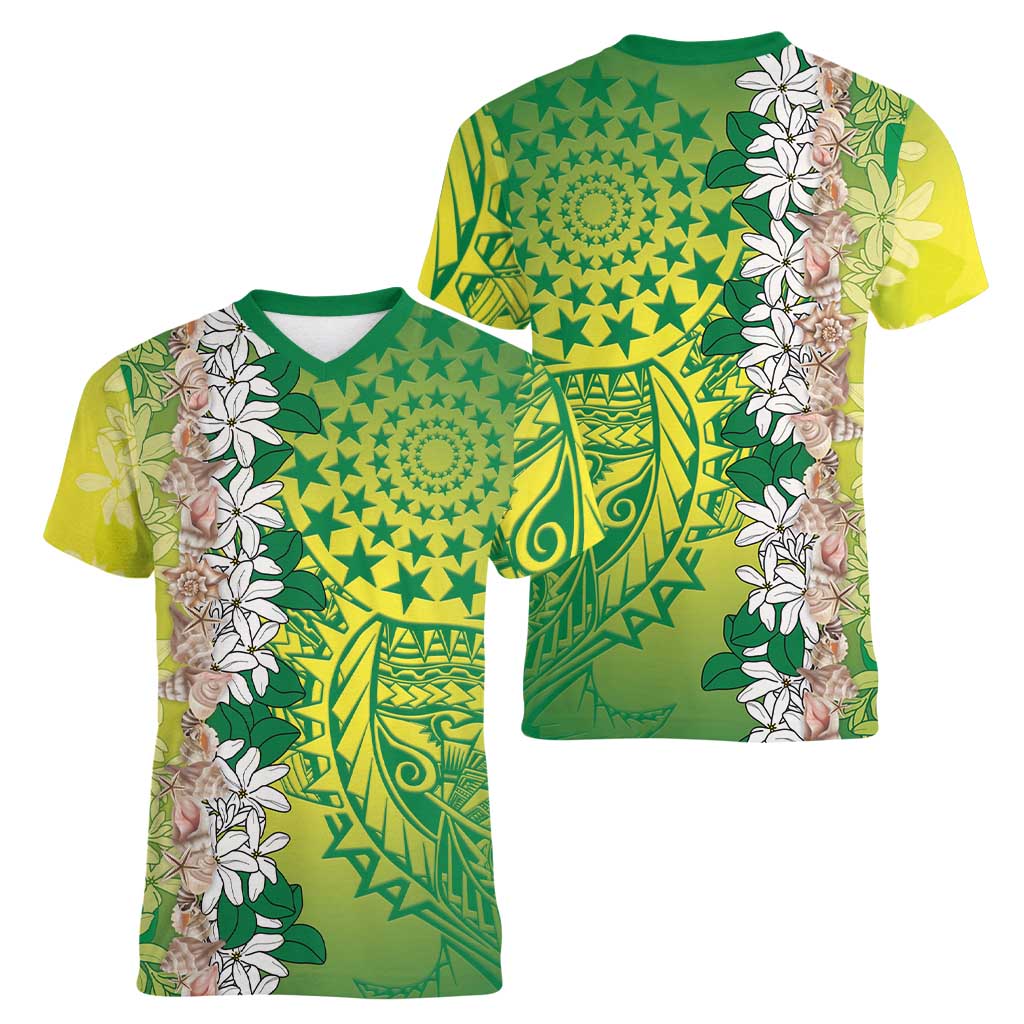 Cook Islands Tiare Maori With Conch Shell Women V-Neck T-Shirt Pasifika Fest Polynesian Tattoo Green