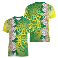 Cook Islands Tiare Maori With Conch Shell Women V-Neck T-Shirt Pasifika Fest Polynesian Tattoo Green