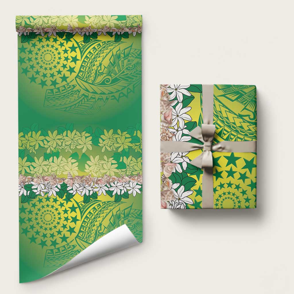 Cook Islands Tiare Maori With Conch Shell Wrapping Paper Pasifika Fest Polynesian Tattoo Green