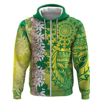 Cook Islands Tiare Maori With Conch Shell Zip Hoodie Pasifika Fest Polynesian Tattoo Green