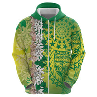 Cook Islands Tiare Maori With Conch Shell Zip Hoodie Pasifika Fest Polynesian Tattoo Green