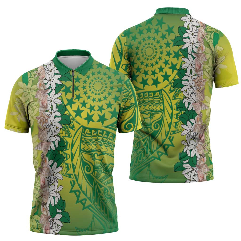 Cook Islands Tiare Maori With Conch Shell Zipper Polo Shirt Pasifika Fest Polynesian Tattoo Green