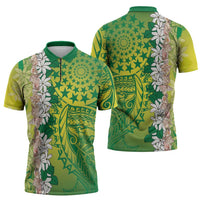 Cook Islands Tiare Maori With Conch Shell Zipper Polo Shirt Pasifika Fest Polynesian Tattoo Green