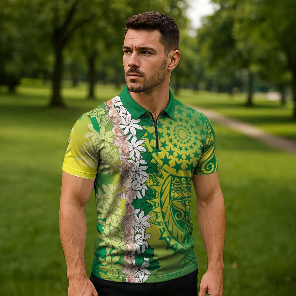 Cook Islands Tiare Maori With Conch Shell Zipper Polo Shirt Pasifika Fest Polynesian Tattoo Green