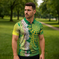 Cook Islands Tiare Maori With Conch Shell Zipper Polo Shirt Pasifika Fest Polynesian Tattoo Green