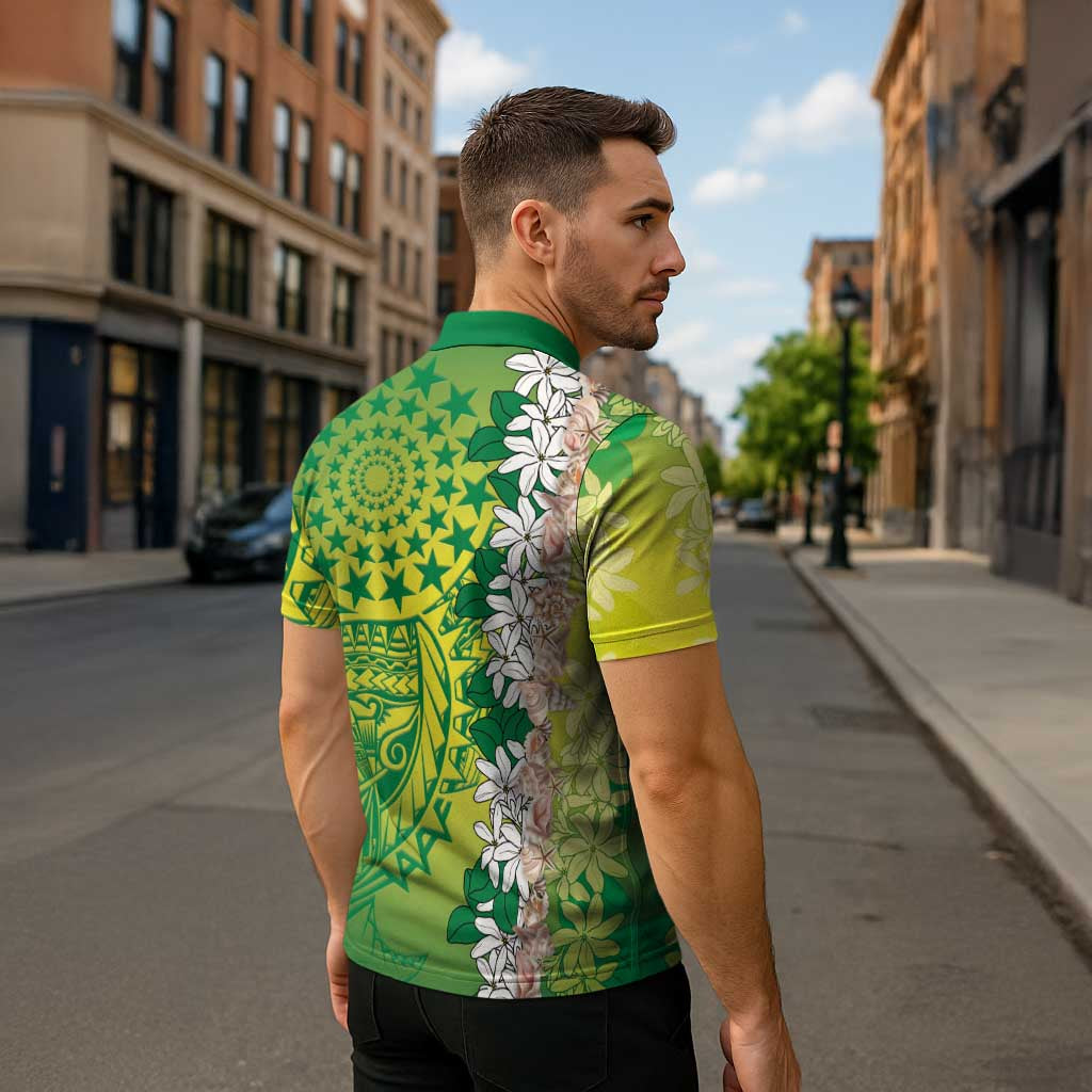 Cook Islands Tiare Maori With Conch Shell Zipper Polo Shirt Pasifika Fest Polynesian Tattoo Green