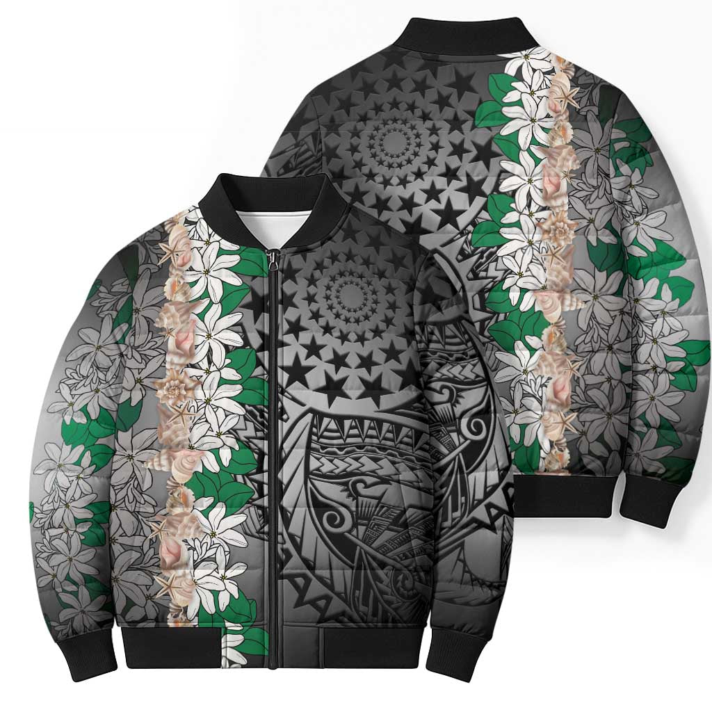 Cook Islands Tiare Maori With Conch Shell Bomber Puffer Jacket Pasifika Fest Polynesian Tattoo Black