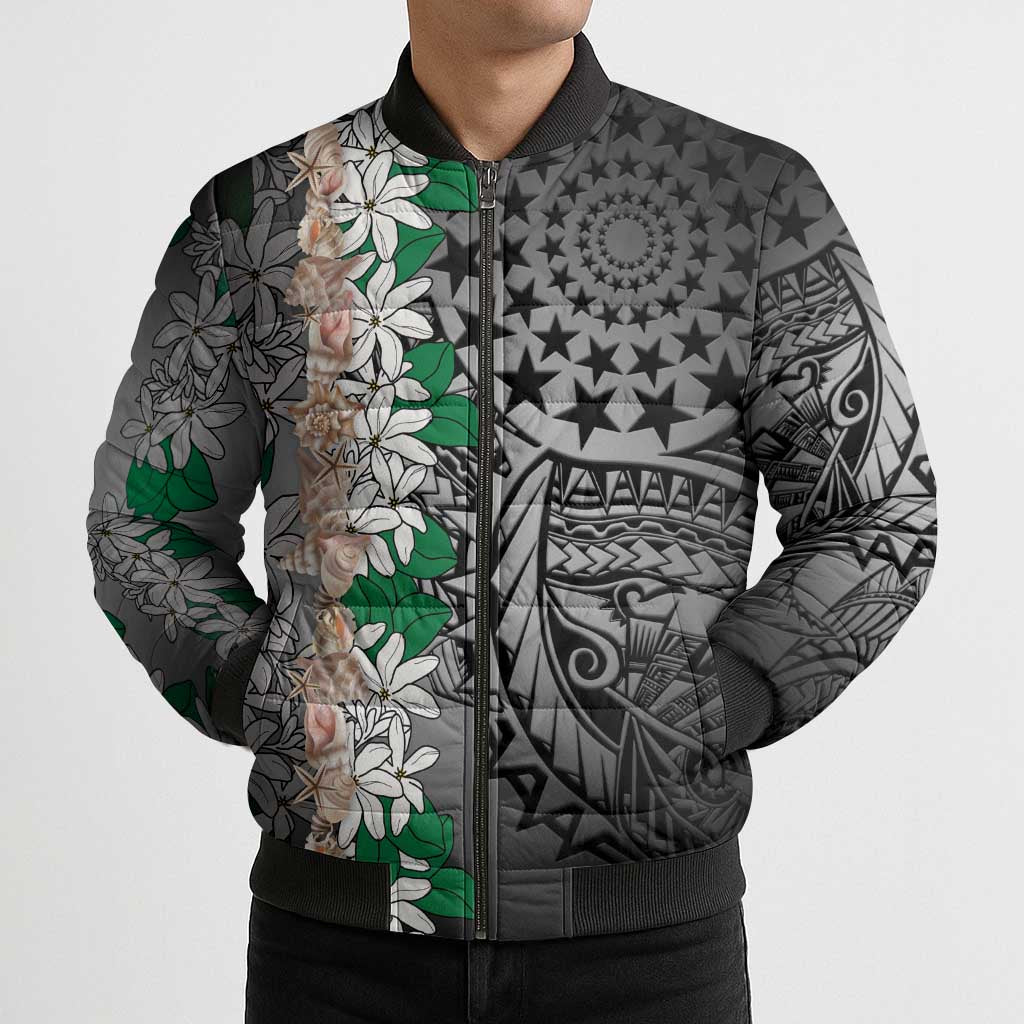 Cook Islands Tiare Maori With Conch Shell Bomber Puffer Jacket Pasifika Fest Polynesian Tattoo Black