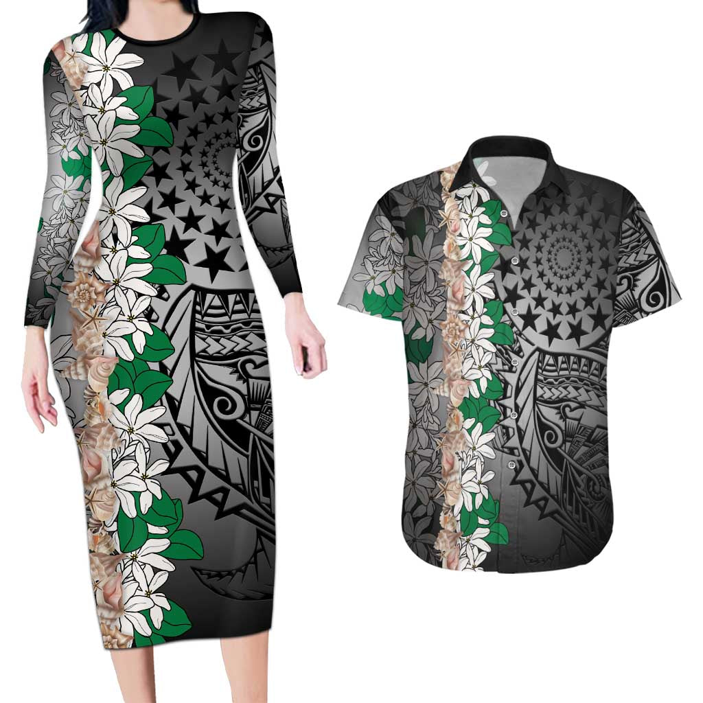 Cook Islands Tiare Maori With Conch Shell Couples Matching Long Sleeve Bodycon Dress and Hawaiian Shirt Pasifika Fest Polynesian Tattoo Black LT14 Black - Polynesian Pride