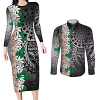Cook Islands Tiare Maori With Conch Shell Couples Matching Long Sleeve Bodycon Dress and Long Sleeve Button Shirt Pasifika Fest Polynesian Tattoo Black
