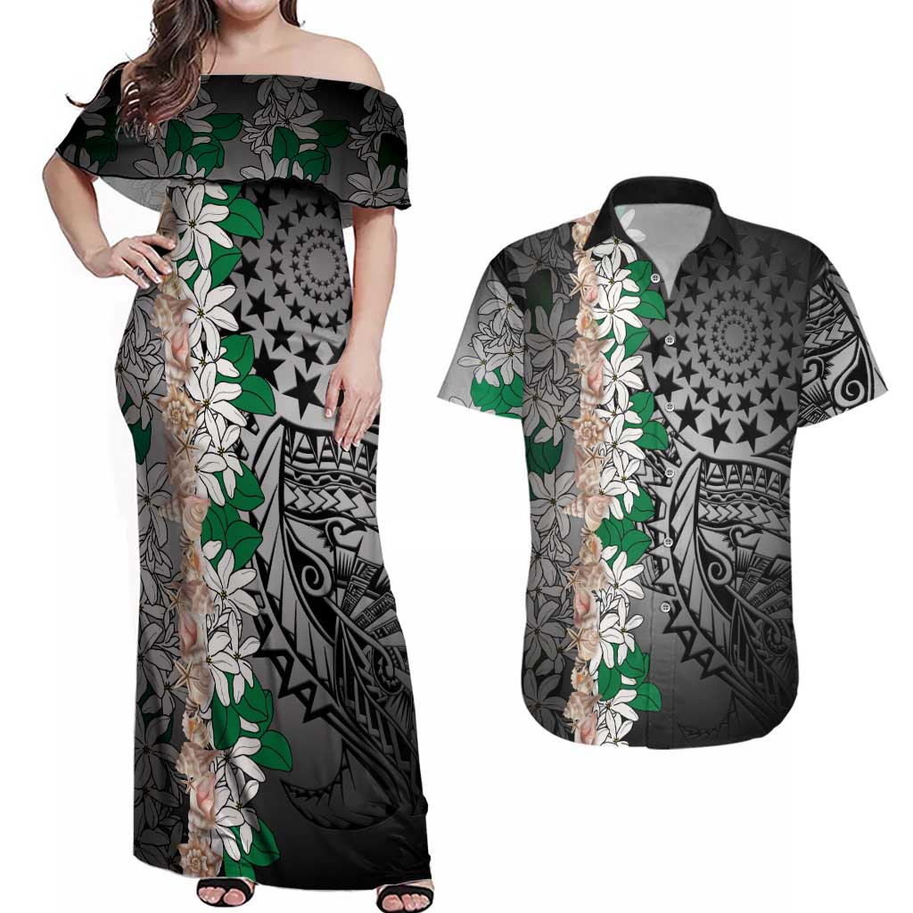 Cook Islands Tiare Maori With Conch Shell Couples Matching Off Shoulder Maxi Dress and Hawaiian Shirt Pasifika Fest Polynesian Tattoo Black