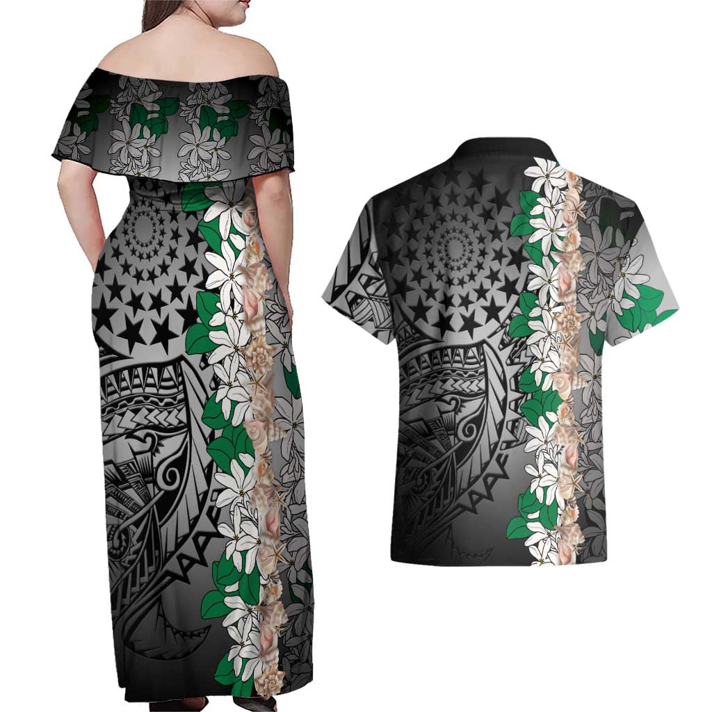 Cook Islands Tiare Maori With Conch Shell Couples Matching Off Shoulder Maxi Dress and Hawaiian Shirt Pasifika Fest Polynesian Tattoo Black