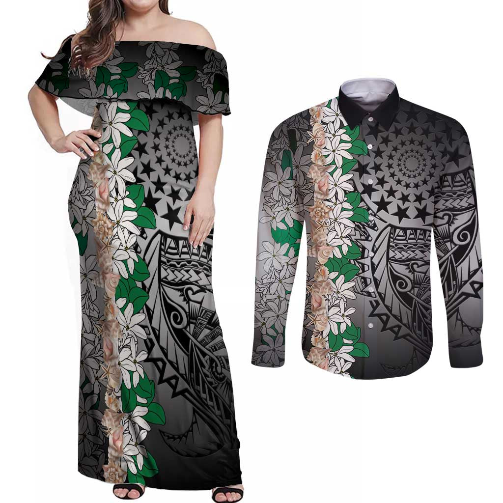 Cook Islands Tiare Maori With Conch Shell Couples Matching Off Shoulder Maxi Dress and Long Sleeve Button Shirt Pasifika Fest Polynesian Tattoo Black