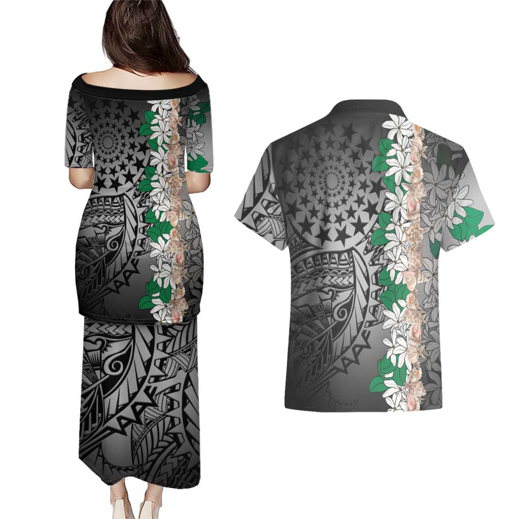 Cook Islands Tiare Maori With Conch Shell Couples Matching Puletasi and Hawaiian Shirt Pasifika Fest Polynesian Tattoo Black