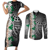 Cook Islands Tiare Maori With Conch Shell Couples Matching Short Sleeve Bodycon Dress and Long Sleeve Button Shirt Pasifika Fest Polynesian Tattoo Black