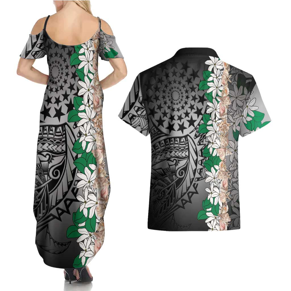 Cook Islands Tiare Maori With Conch Shell Couples Matching Summer Maxi Dress and Hawaiian Shirt Pasifika Fest Polynesian Tattoo Black