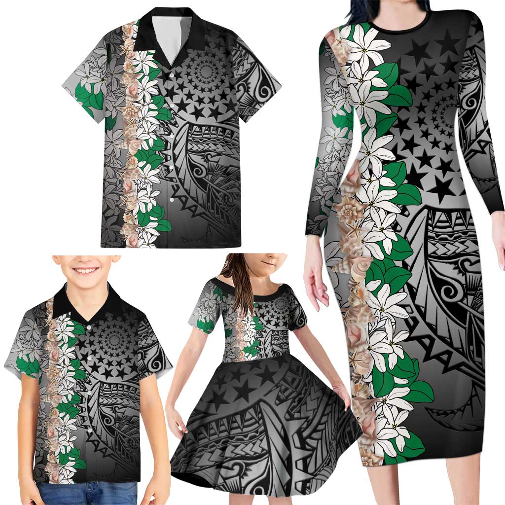 Cook Islands Tiare Maori With Conch Shell Family Matching Long Sleeve Bodycon Dress and Hawaiian Shirt Pasifika Fest Polynesian Tattoo Black LT14 - Polynesian Pride