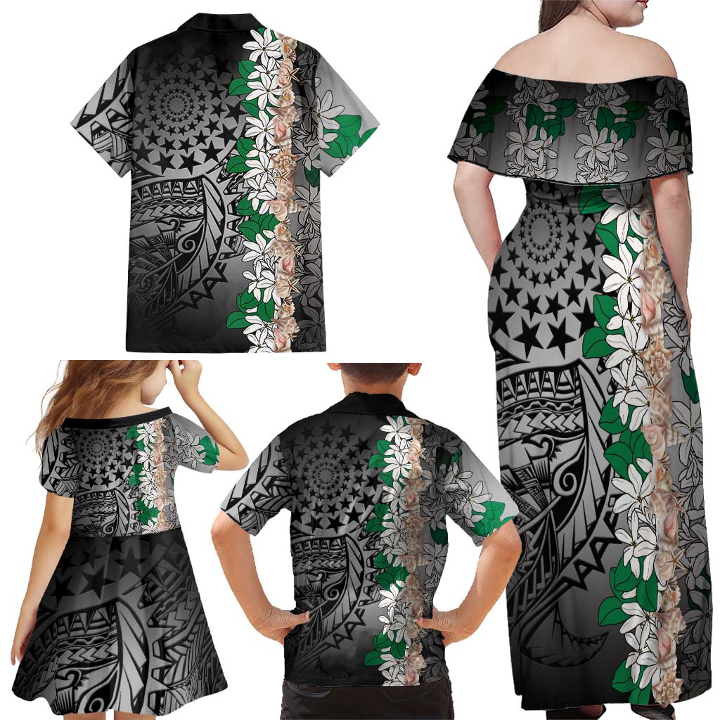 Cook Islands Tiare Maori With Conch Shell Family Matching Off Shoulder Maxi Dress and Hawaiian Shirt Pasifika Fest Polynesian Tattoo Black LT14 - Polynesian Pride