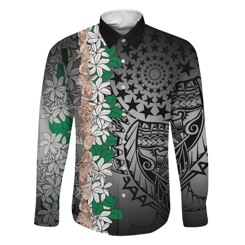 Cook Islands Tiare Maori With Conch Shell Family Matching Off Shoulder Maxi Dress and Hawaiian Shirt Pasifika Fest Polynesian Tattoo Black LT14 Dad's Shirt - Long Sleeve Black - Polynesian Pride
