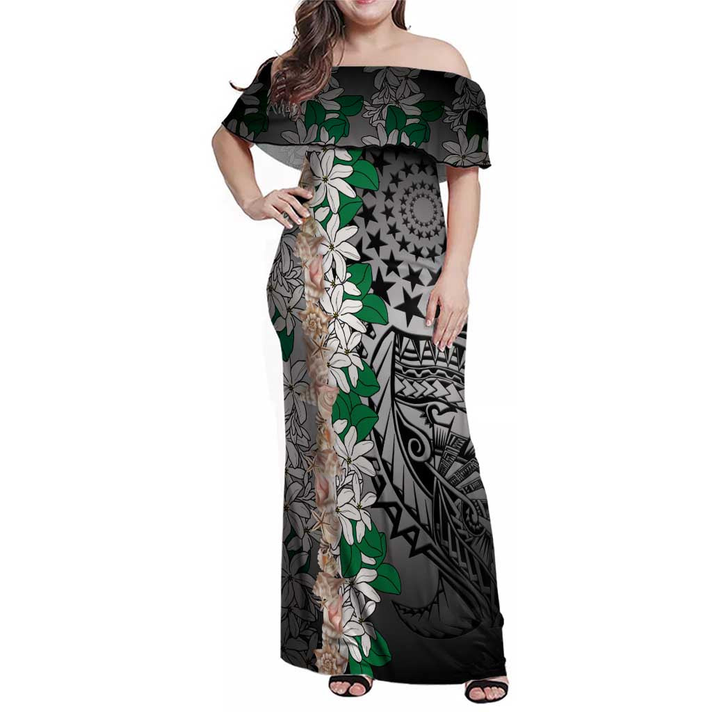 Cook Islands Tiare Maori With Conch Shell Family Matching Off Shoulder Maxi Dress and Hawaiian Shirt Pasifika Fest Polynesian Tattoo Black LT14 Mom's Dress Black - Polynesian Pride