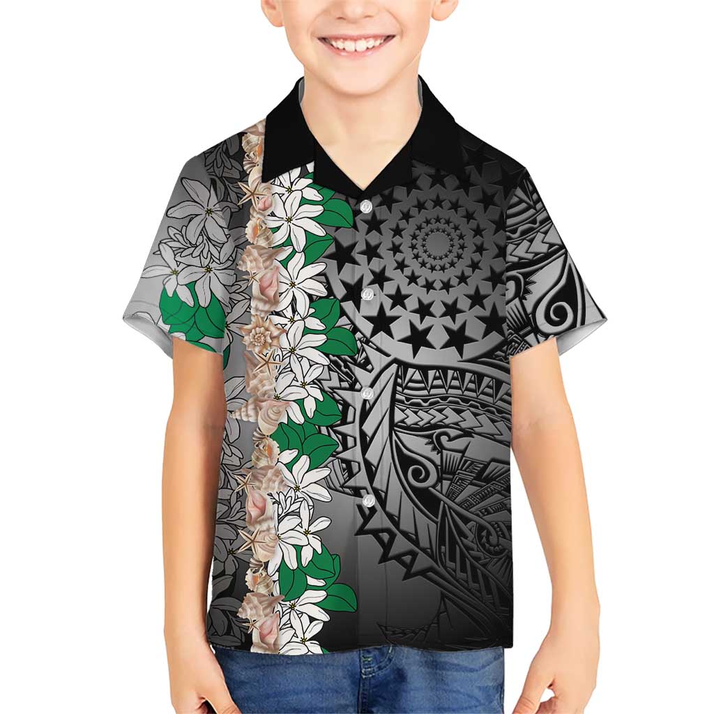 Cook Islands Tiare Maori With Conch Shell Kid Hawaiian Shirt Pasifika Fest Polynesian Tattoo Black