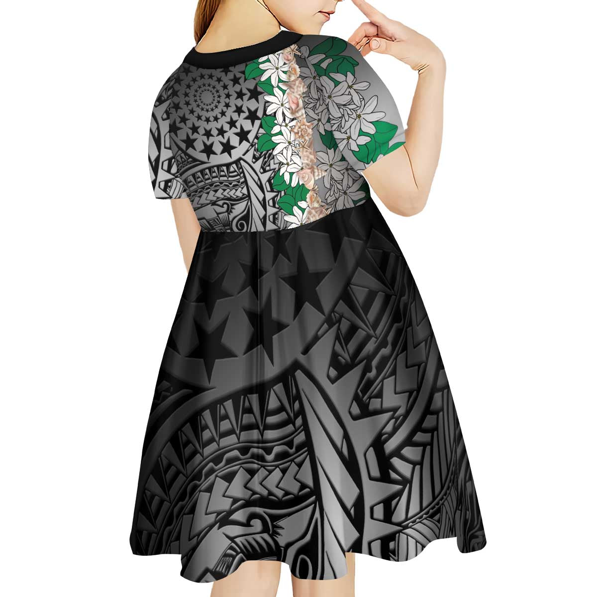 Cook Islands Tiare Maori With Conch Shell Kid Short Sleeve Dress Pasifika Fest Polynesian Tattoo Black