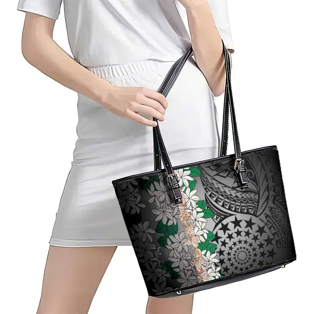 Cook Islands Tiare Maori With Conch Shell Leather Tote Bag Pasifika Fest Polynesian Tattoo Black