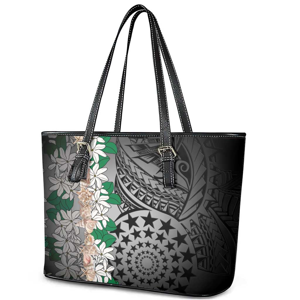 Cook Islands Tiare Maori With Conch Shell Leather Tote Bag Pasifika Fest Polynesian Tattoo Black