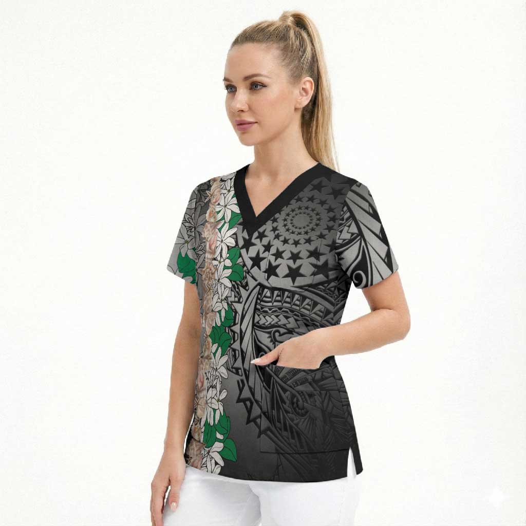 Cook Islands Tiare Maori With Conch Shell Scrub Top Pasifika Fest Polynesian Tattoo Black