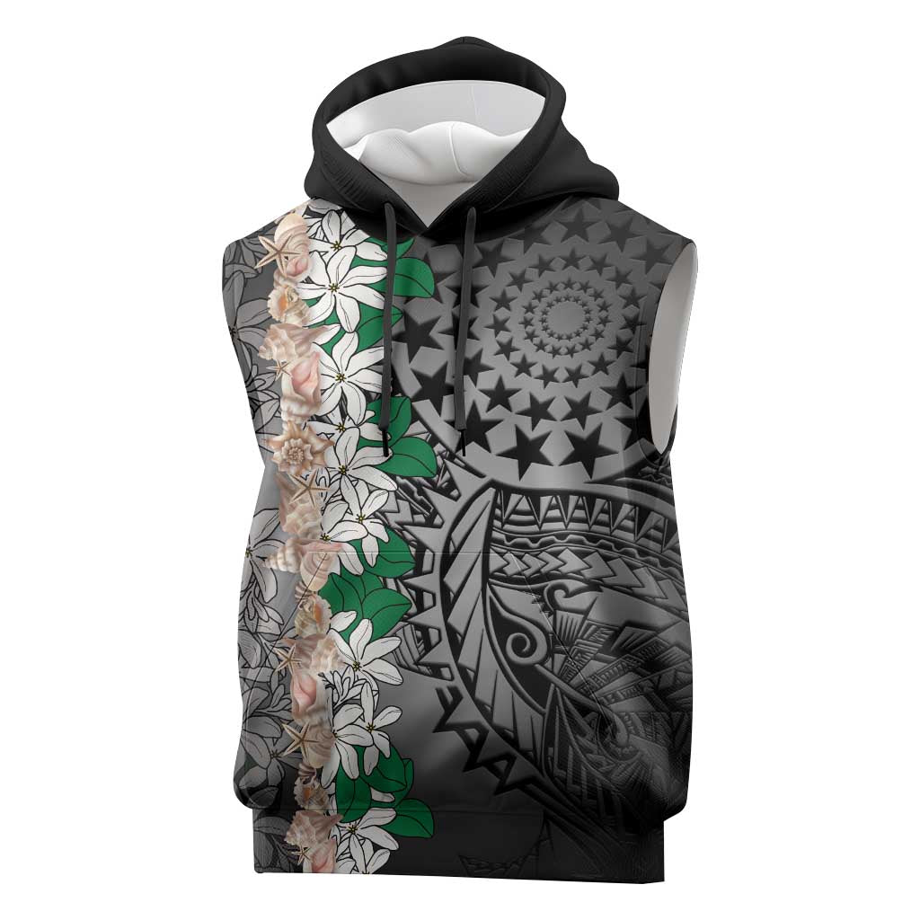 Cook Islands Tiare Maori With Conch Shell Sleeveless Hoodie Pasifika Fest Polynesian Tattoo Black