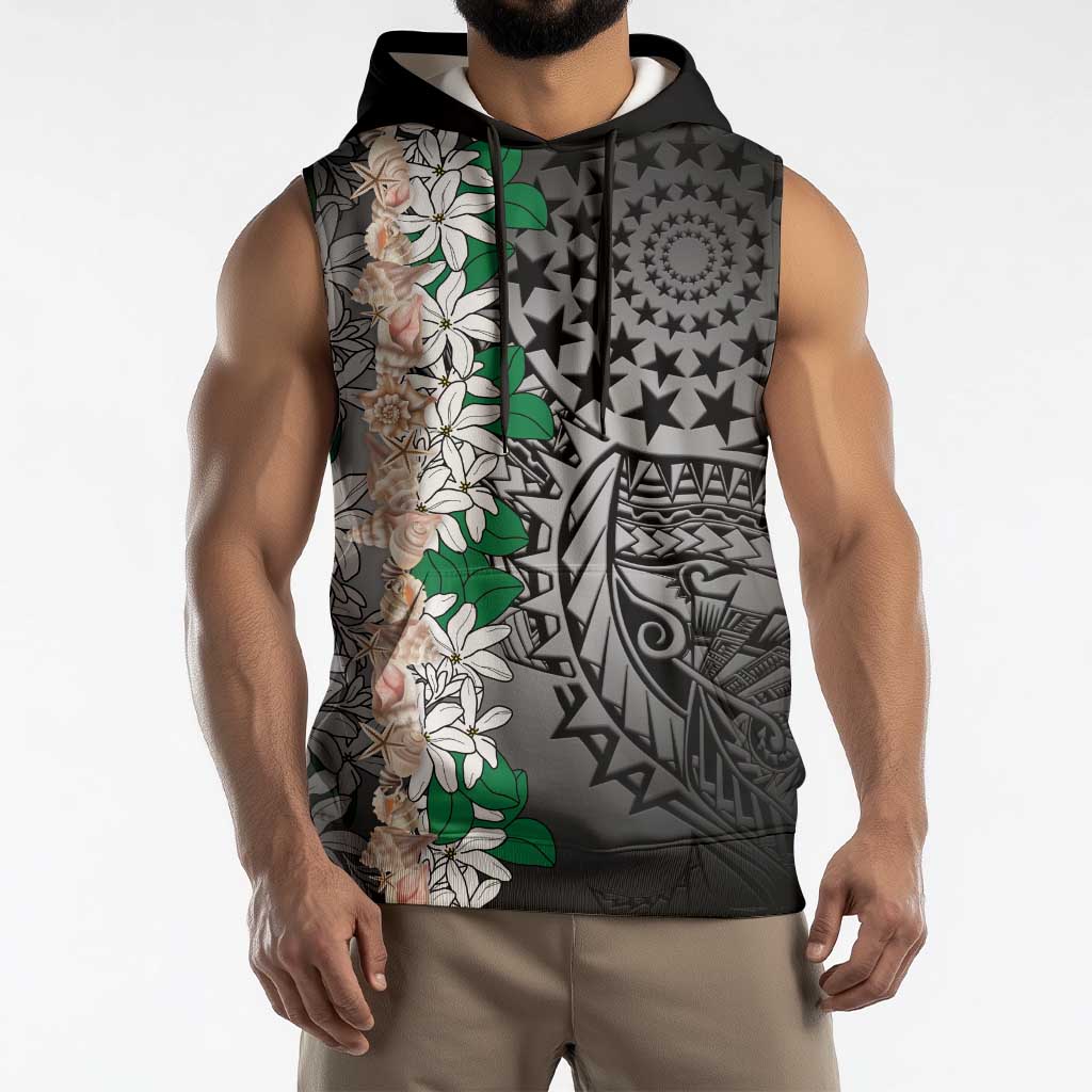 Cook Islands Tiare Maori With Conch Shell Sleeveless Hoodie Pasifika Fest Polynesian Tattoo Black