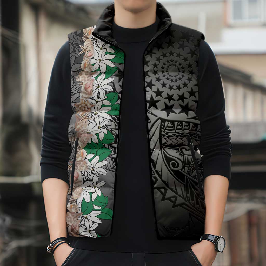 Cook Islands Tiare Maori With Conch Shell Sleeveless Puffer Jacket Pasifika Fest Polynesian Tattoo Black