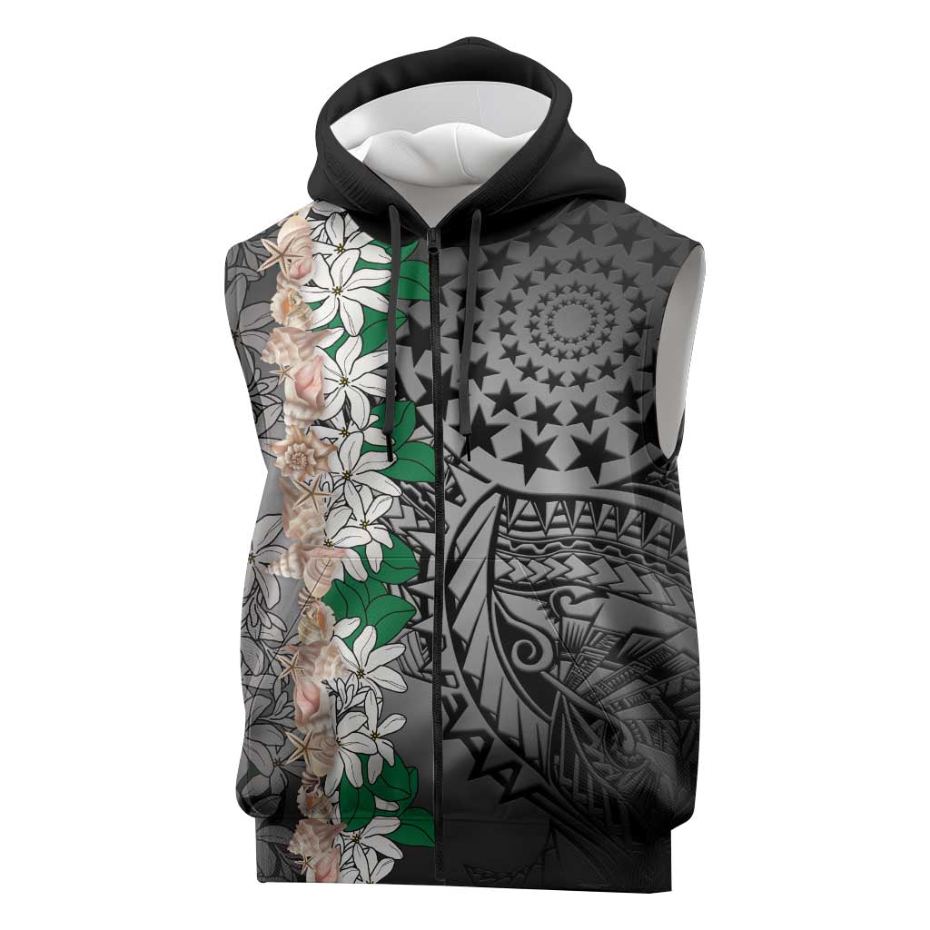 Cook Islands Tiare Maori With Conch Shell Sleeveless Zip Hoodie Pasifika Fest Polynesian Tattoo Black