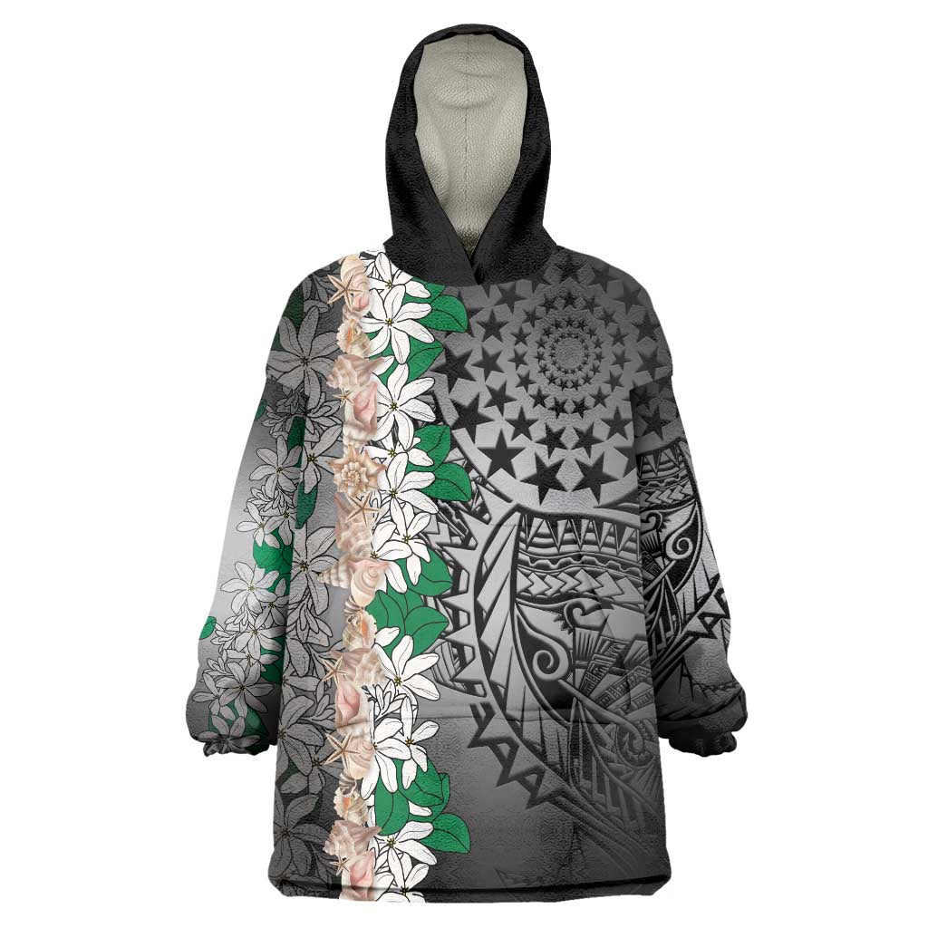 Cook Islands Tiare Maori With Conch Shell Wearable Blanket Hoodie Pasifika Fest Polynesian Tattoo Black