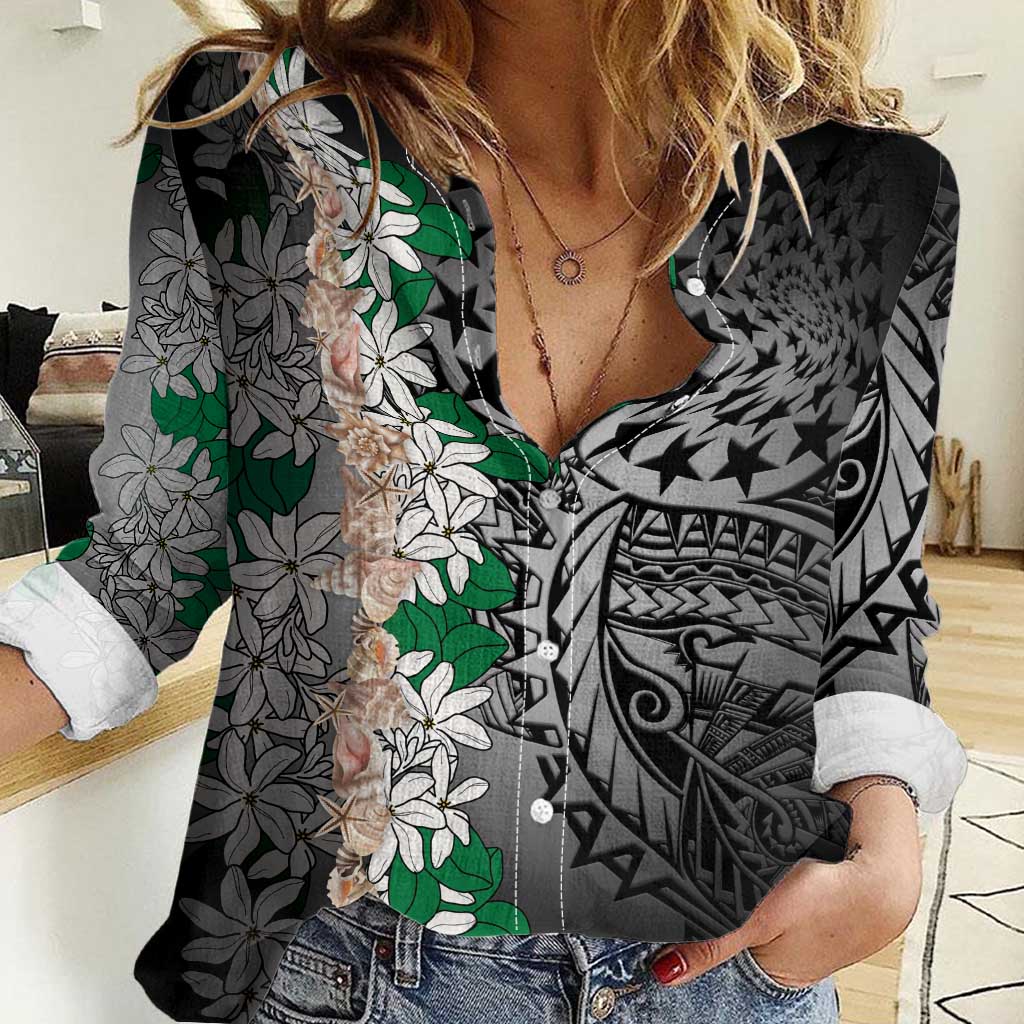 Cook Islands Tiare Maori With Conch Shell Women Casual Shirt Pasifika Fest Polynesian Tattoo Black