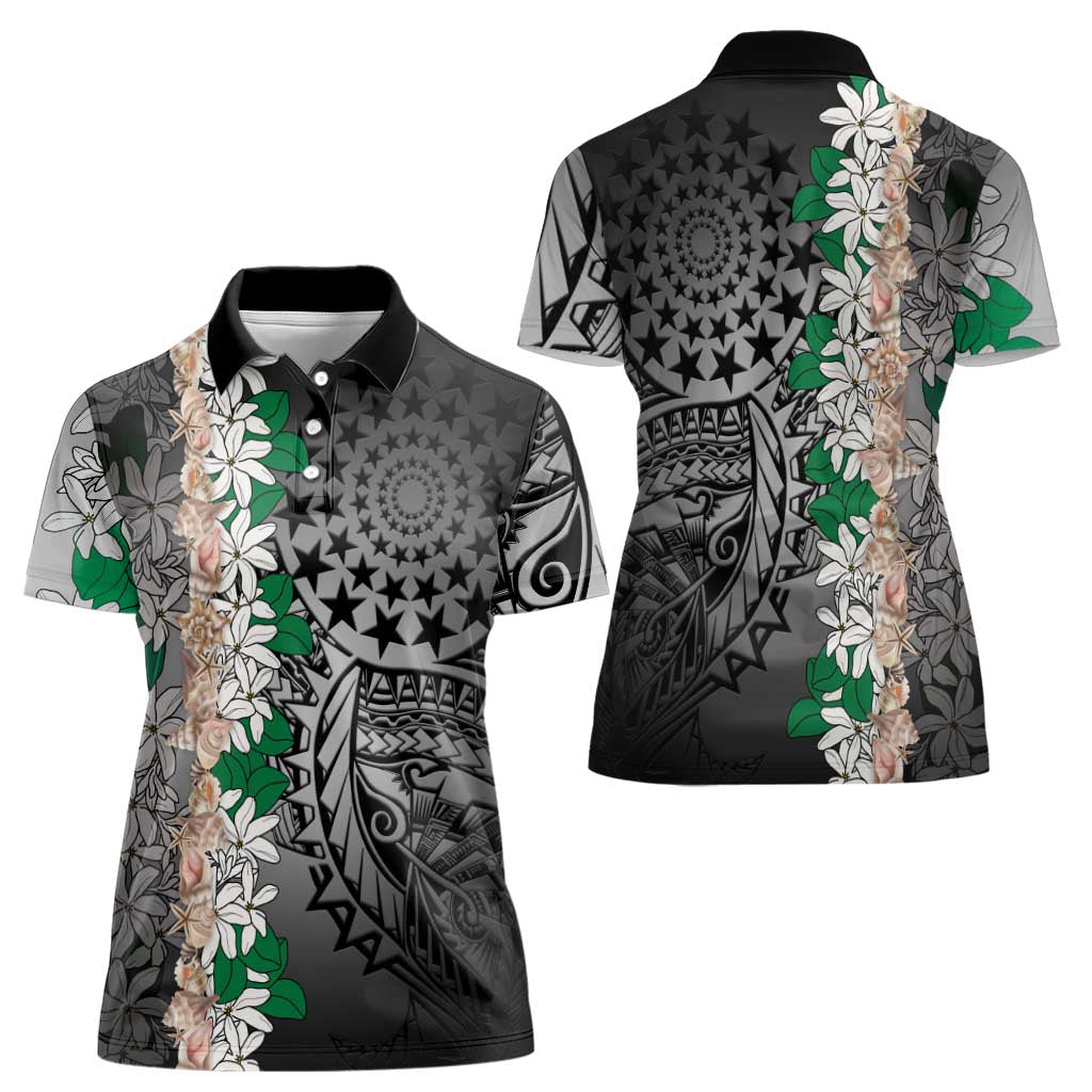Cook Islands Tiare Maori With Conch Shell Women Polo Shirt Pasifika Fest Polynesian Tattoo Black