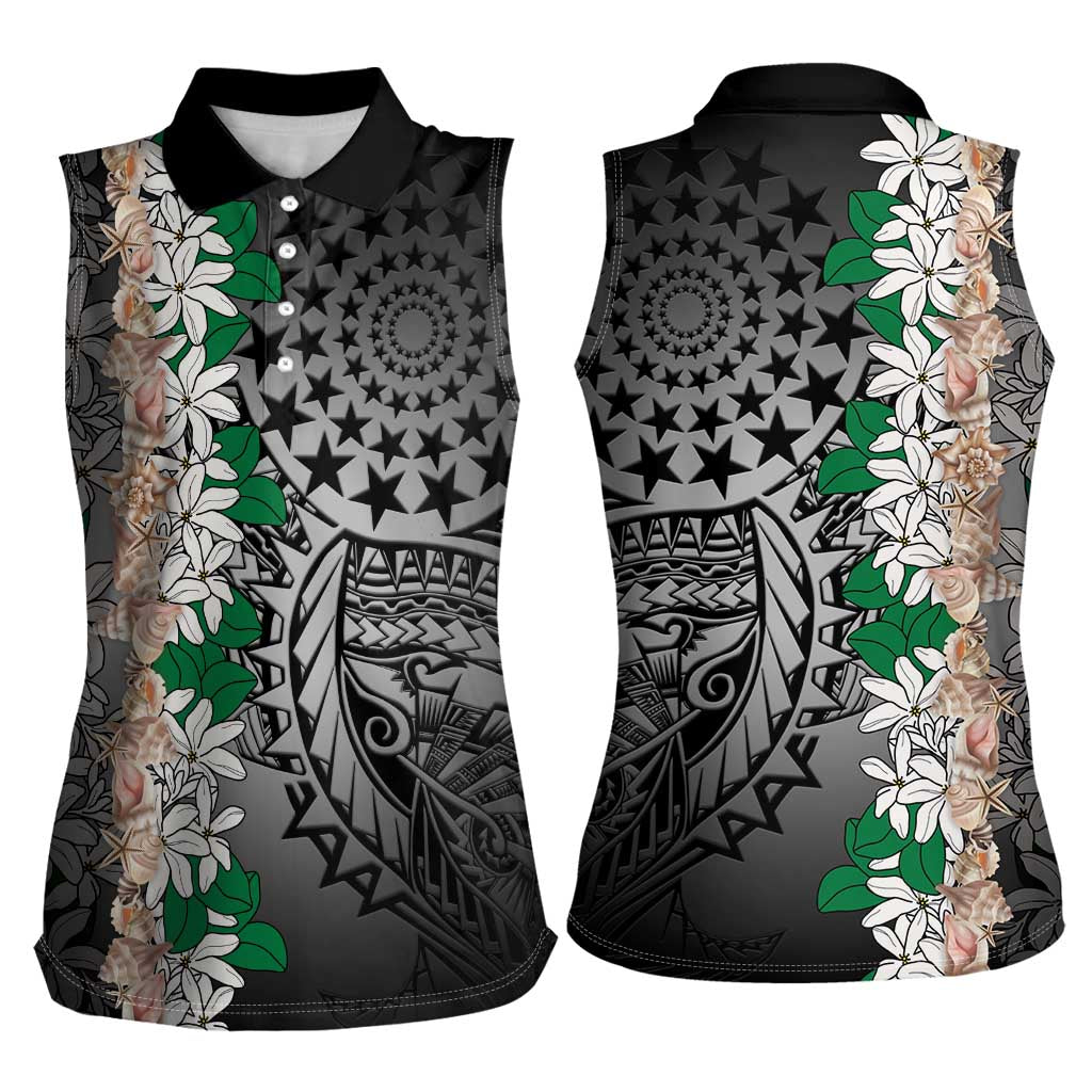 Cook Islands Tiare Maori With Conch Shell Women Sleeveless Polo Shirt Pasifika Fest Polynesian Tattoo Black