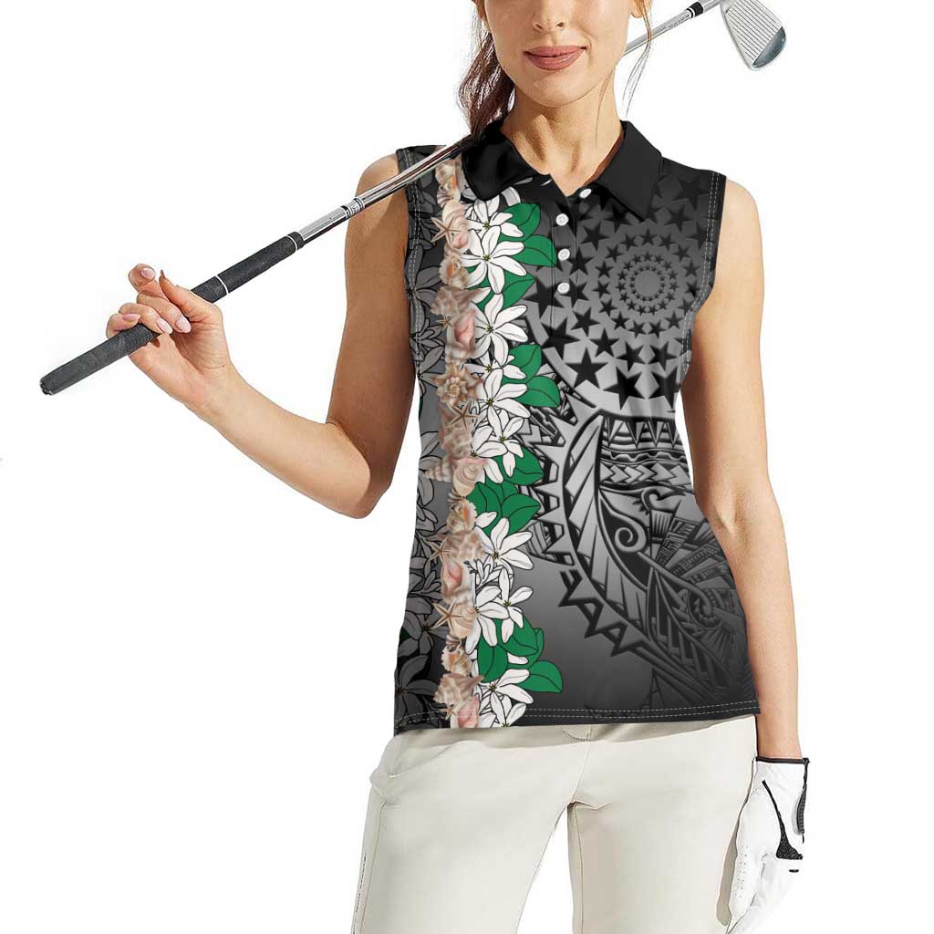 Cook Islands Tiare Maori With Conch Shell Women Sleeveless Polo Shirt Pasifika Fest Polynesian Tattoo Black