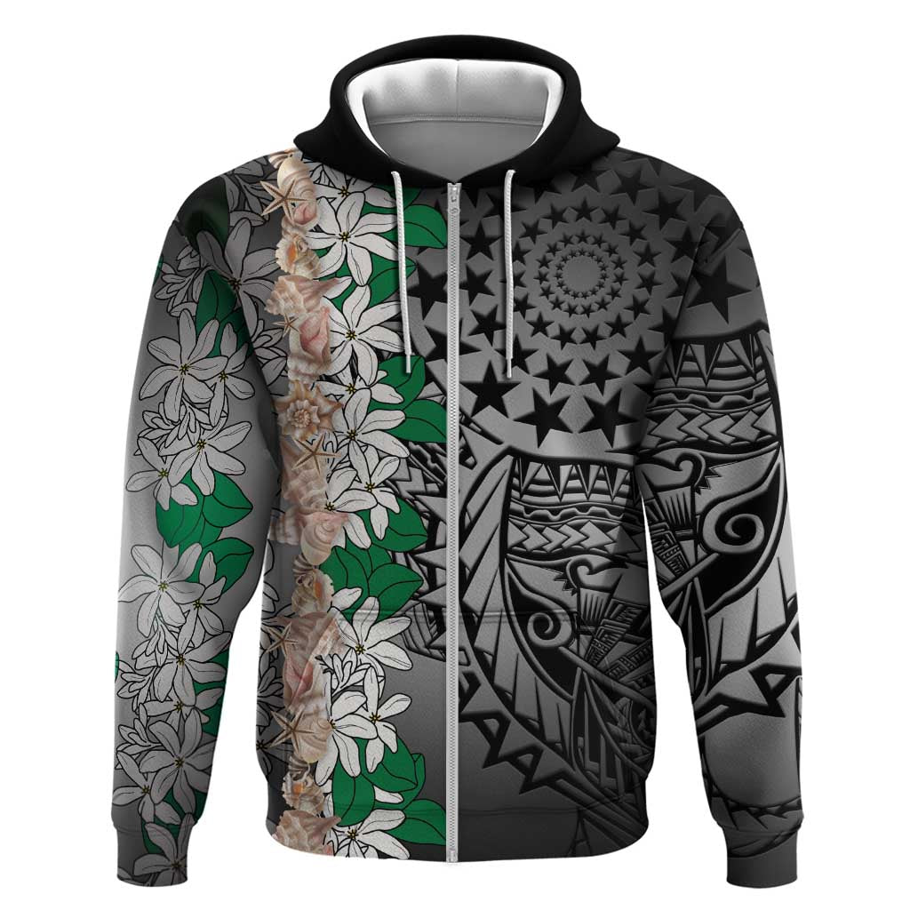 Cook Islands Tiare Maori With Conch Shell Zip Hoodie Pasifika Fest Polynesian Tattoo Black