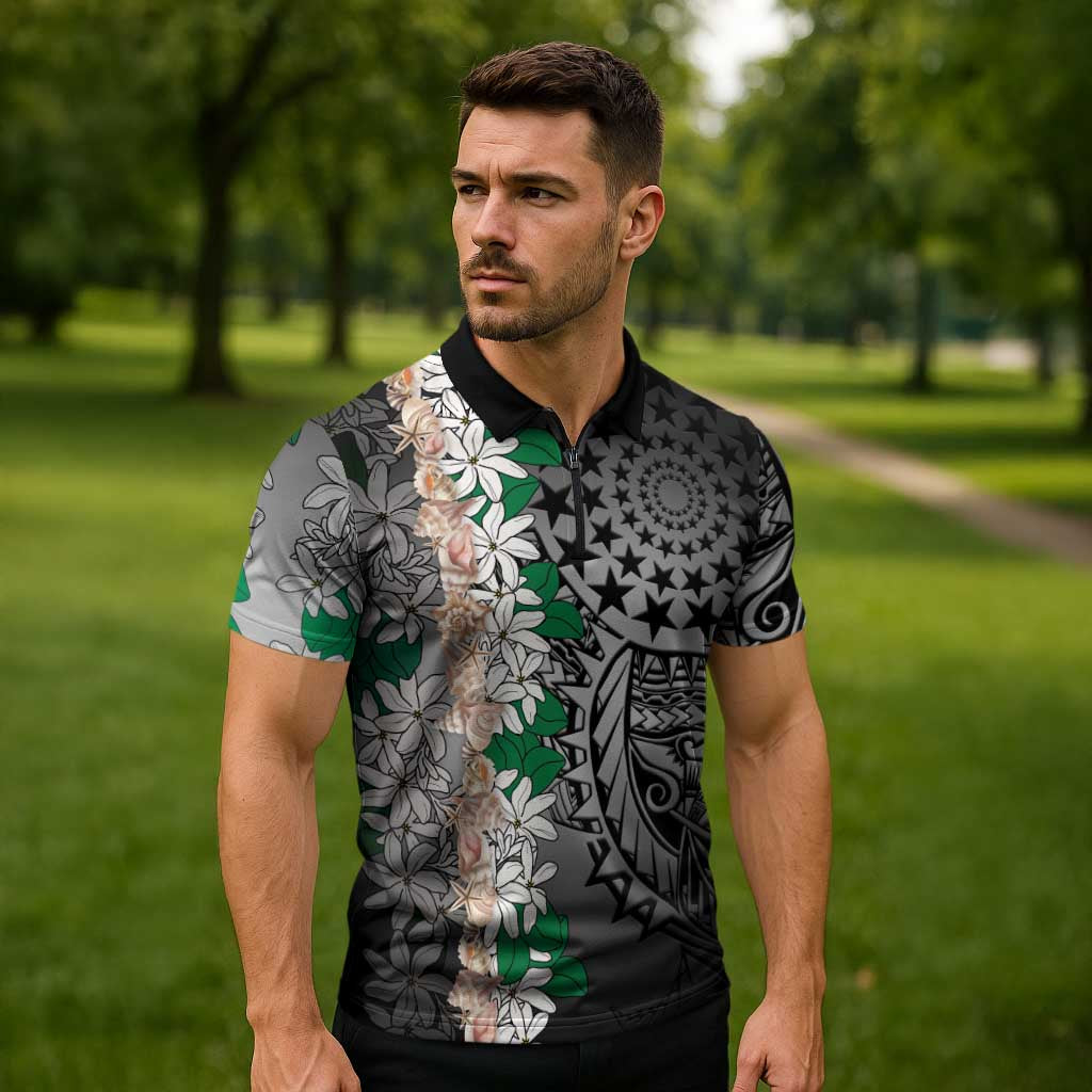 Cook Islands Tiare Maori With Conch Shell Zipper Polo Shirt Pasifika Fest Polynesian Tattoo Black