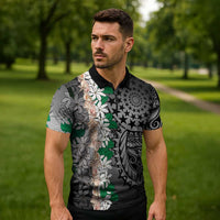 Cook Islands Tiare Maori With Conch Shell Zipper Polo Shirt Pasifika Fest Polynesian Tattoo Black