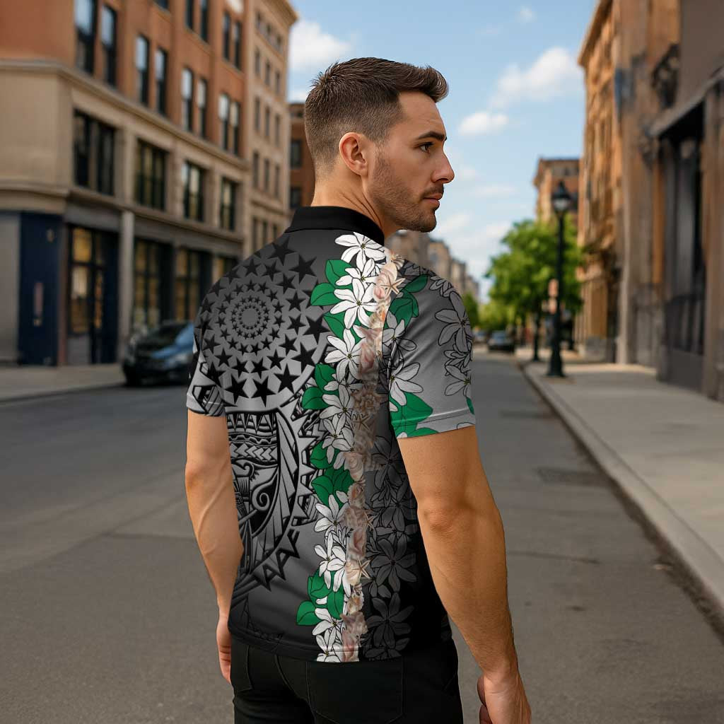 Cook Islands Tiare Maori With Conch Shell Zipper Polo Shirt Pasifika Fest Polynesian Tattoo Black