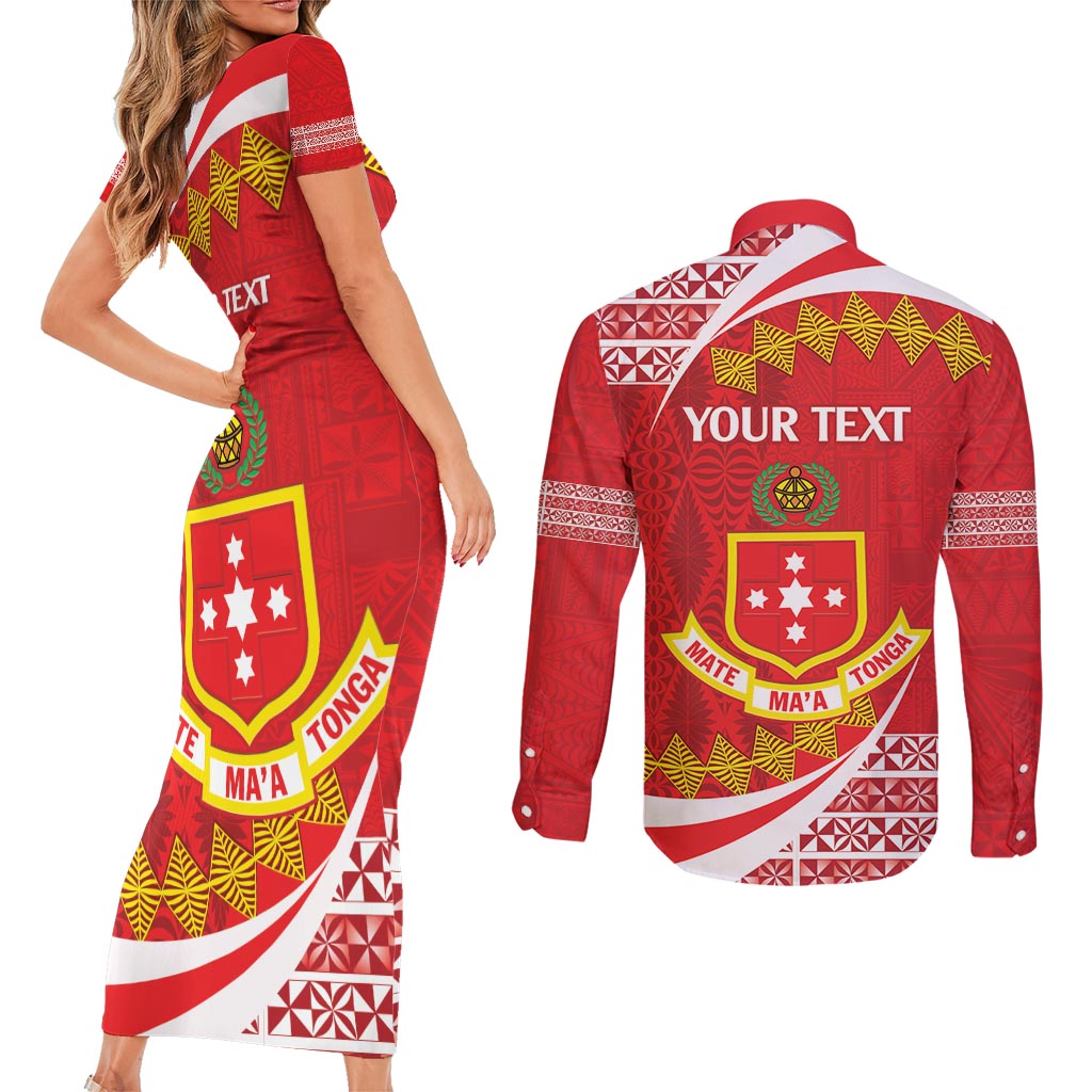 Personalised Kolisi Tonga College Atele Couples Matching Short Sleeve Bodycon Dress and Long Sleeve Button Shirt Mate Maa Tonga 142 Years Anniversary