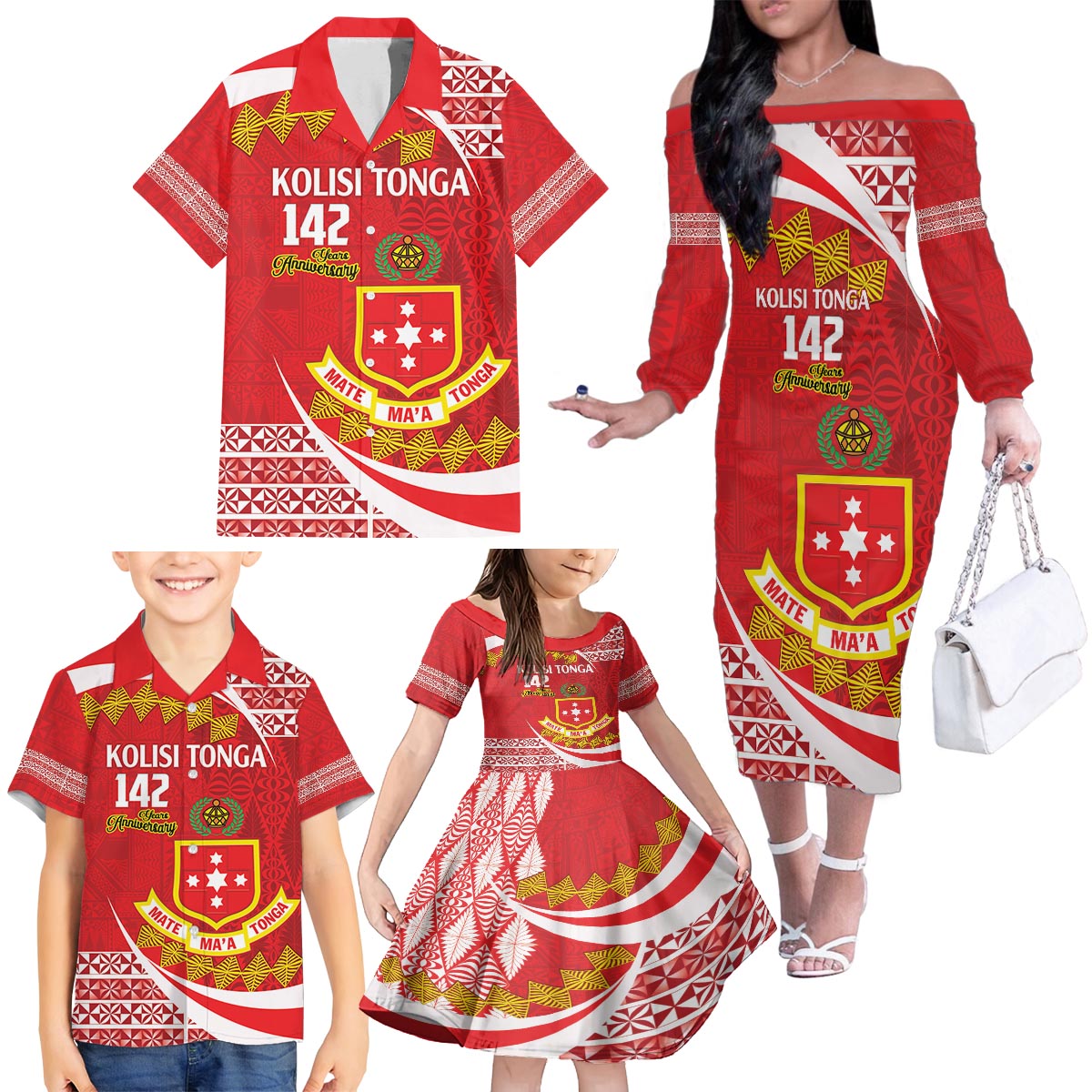 Personalised Kolisi Tonga College Atele Family Matching Off The Shoulder Long Sleeve Dress and Hawaiian Shirt Mate Maa Tonga 142 Years Anniversary LT14 - Polynesian Pride