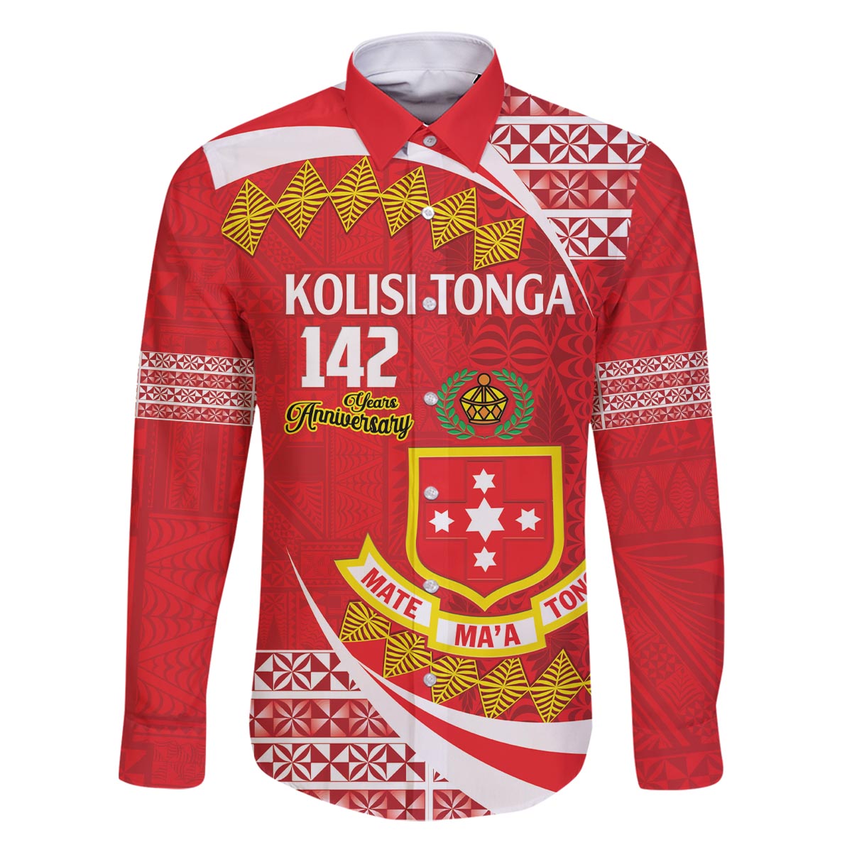 Personalised Kolisi Tonga College Atele Family Matching Off The Shoulder Long Sleeve Dress and Hawaiian Shirt Mate Maa Tonga 142 Years Anniversary LT14 Dad's Shirt - Long Sleeve Red - Polynesian Pride