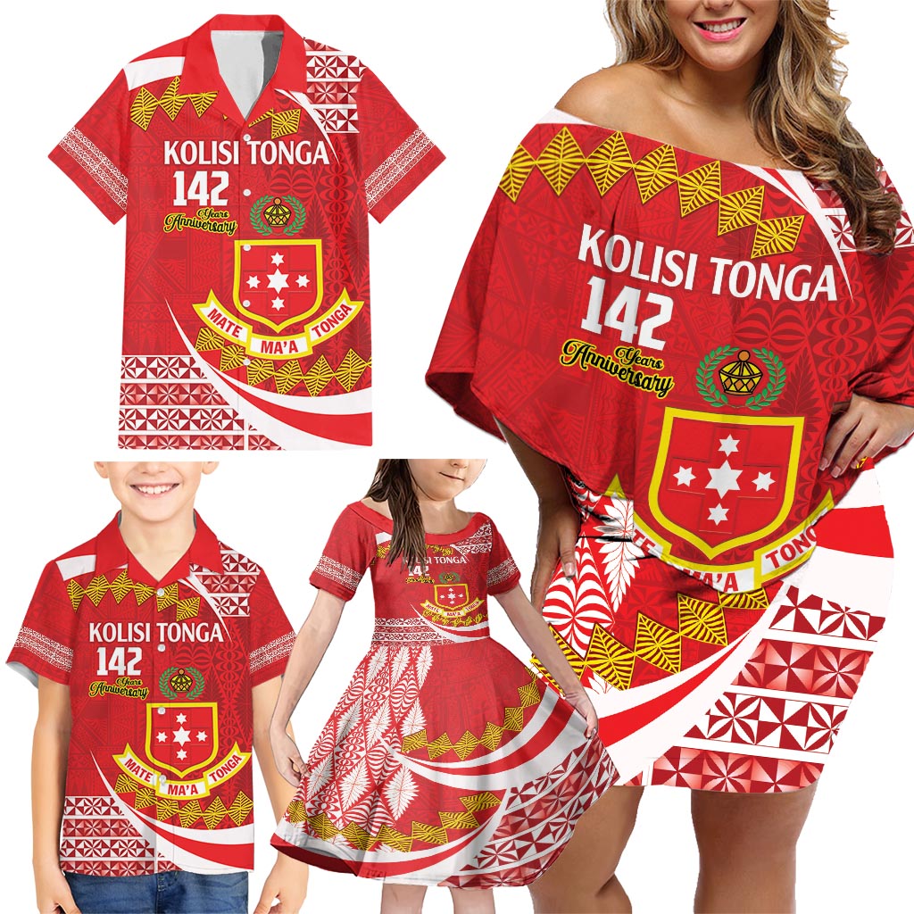 Personalised Kolisi Tonga College Atele Family Matching Off Shoulder Short Dress and Hawaiian Shirt Mate Maa Tonga 142 Years Anniversary LT14 - Polynesian Pride