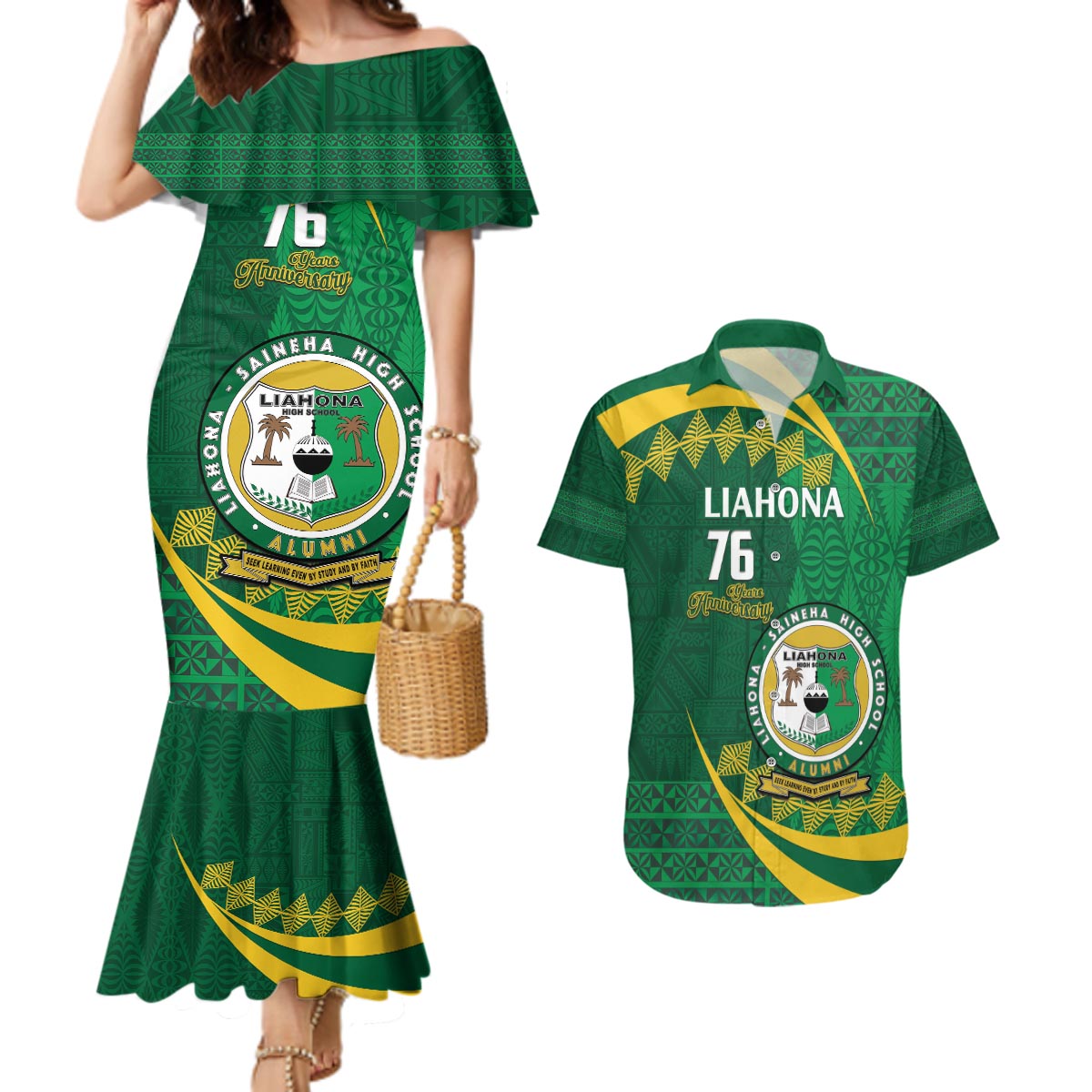 Personalised Tonga Liahona-Saineha High School Couples Matching Mermaid Dress and Hawaiian Shirt Happy 76 Years Anniversary LT14 Green - Polynesian Pride